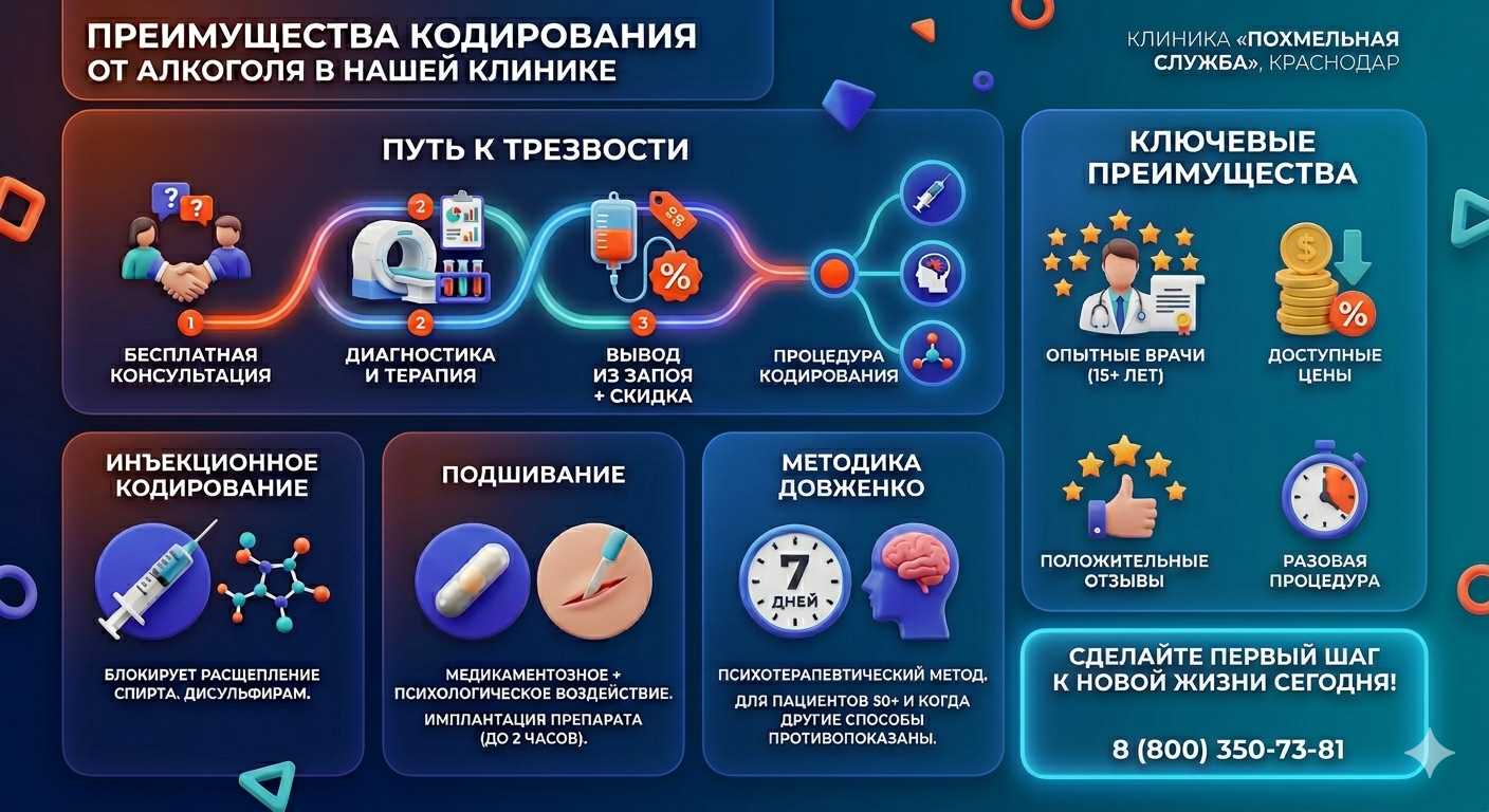 Инфографика о методах кодирования от алкоголя в Таврийске: инъекции, подшивание, метод Довженко. Преимущества клиники и этапы лечения.