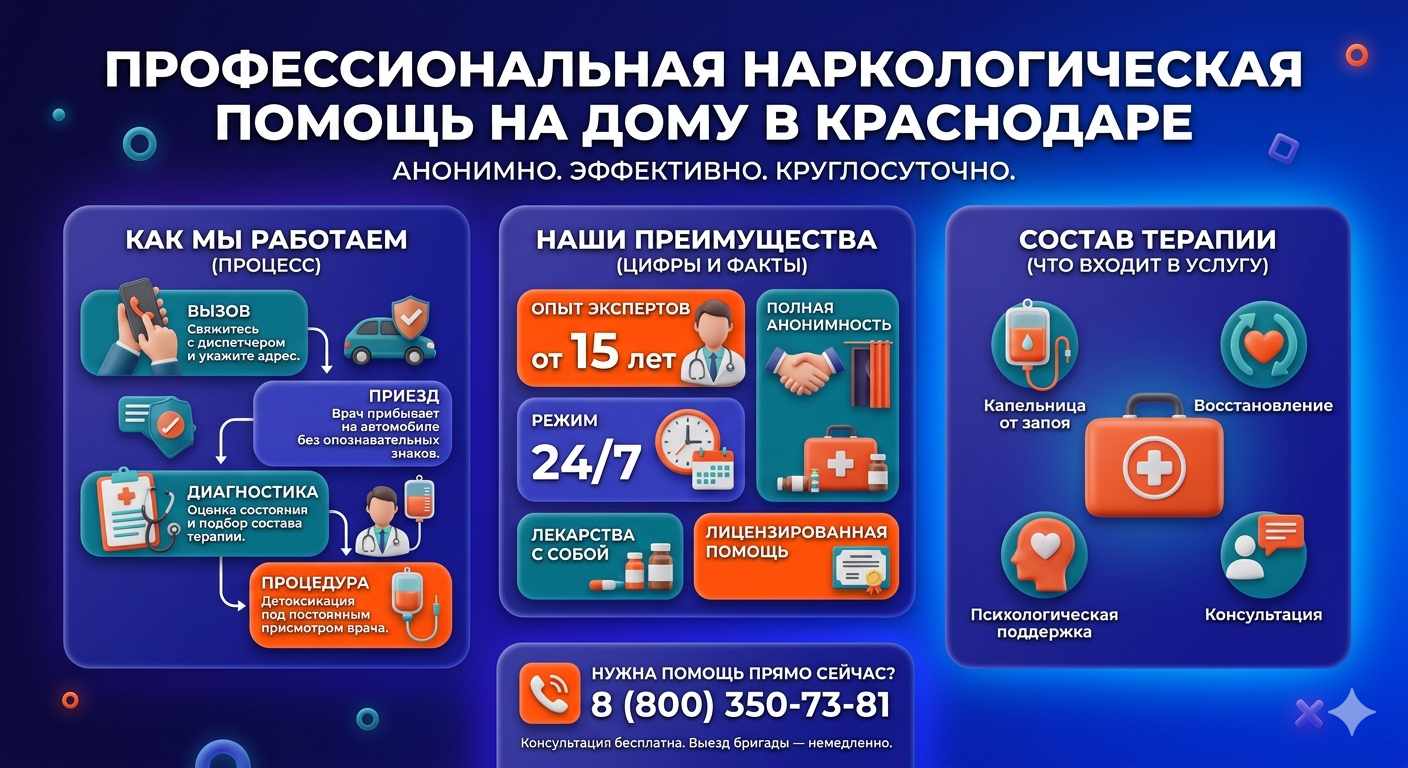 Инфографика о принципах лечения алкоголизма на дому в Таврийске: этапы вызова нарколога, преимущества анонимной детоксикации и состав медицинской помощи.